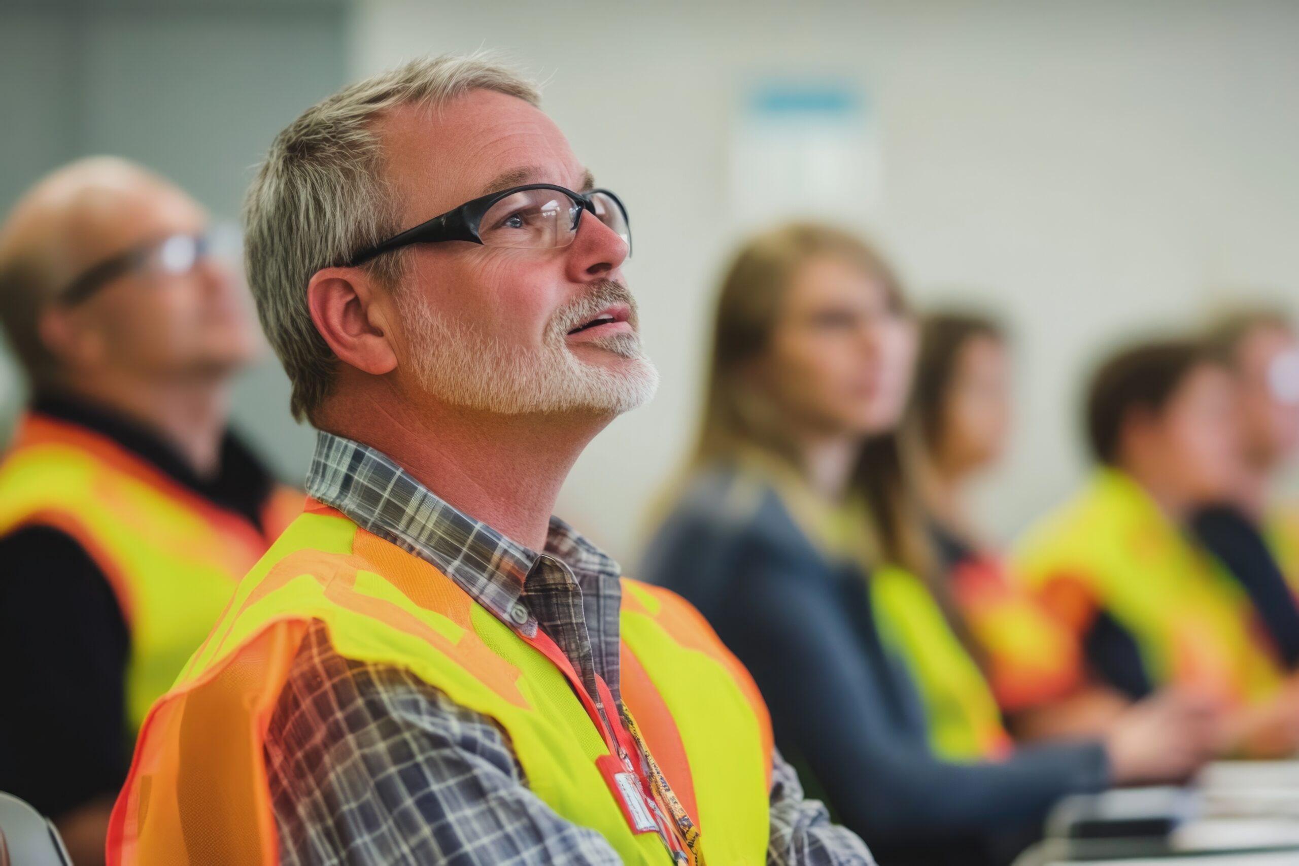 Group of workers gathered for a safety meeting, discussing protocols and procedures.