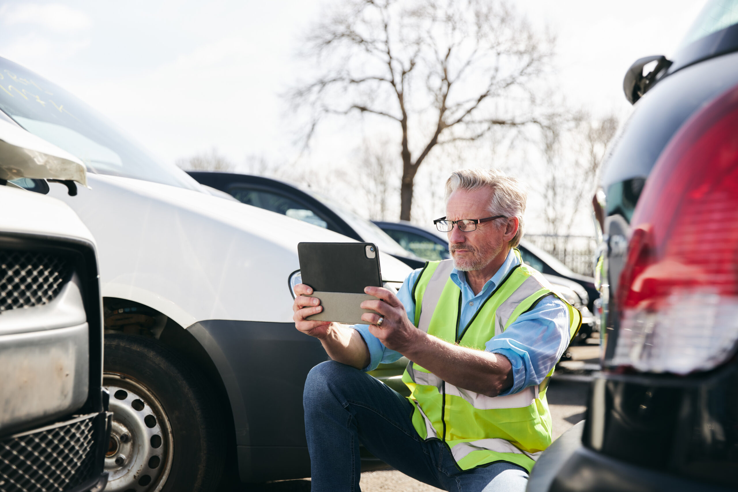 Mature male loss adjuster wearing hi-vis safety vest standing in compound for damaged cars taking photo for insurance claim report on digital tablet