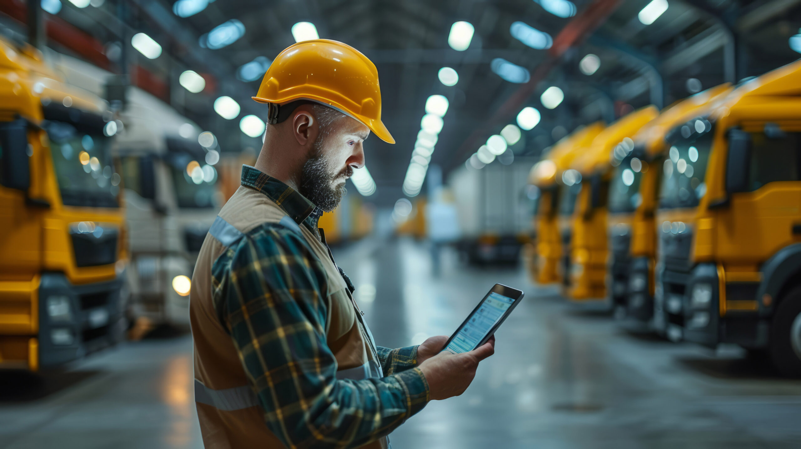 Male logistics worker with hardhat using tablet in industrial warehouse with lined up trucks.