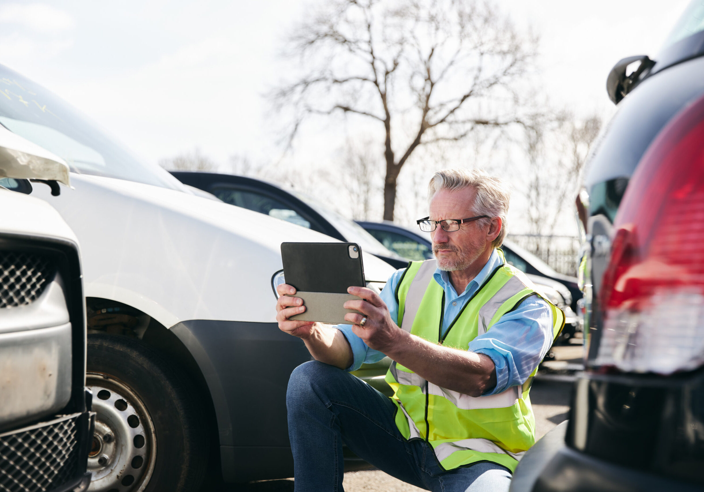 Mature male loss adjuster wearing hi-vis safety vest standing in compound for damaged cars taking photo for insurance claim report on digital tablet